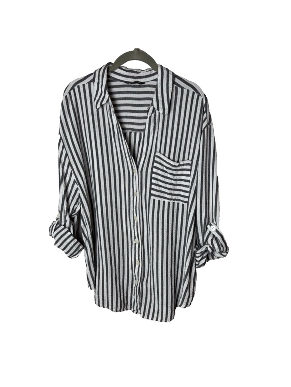 Club Z Collection Shirt Plus Size 3X 3/4 Roll-Tab Sleeves Stripes White Black